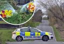 The crash scene, and inset, floral tributes left there