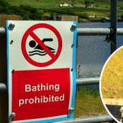Warning signs at Ponden Reservoir, and inset, police at the scene of the tragedy in 2021