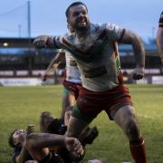 Aaron Brown scores for Keighley earlier this season in their 1895 Cup win at Dewsbury.