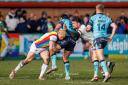 Adam Ryder and Lachlan Lanskey put in a tackle during Keighley's last game, a heavy home defeat to Featherstone in the Challenge Cup fourth round.