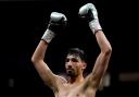 Ibrahim Nadim celebrates after winning his super-bantamweight contest against Taka Bembere in Manchester back in February. Picture: PA.