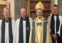 At the celebration – from left – Archdeacon of Bradford the Ven Andy Jolley, rector of Keighley the Rev Canon Mike Cansdale, Bishop of Bradford the Right Rev Dr Toby Howarth and the Rev Alastair Kirk