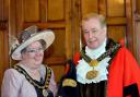 The Lord Mayor Of Bradford Mike Gibbons is sworn in at City Hall, with Lady Mayoress Elizabeth Sharp