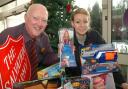 Sainsbury's PR ambassador, Duncan Turner, and Salvation Army corps officer, Lieutenant Rebecka Cotterrill, at the toy appeal launch