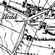 The site of the Exley Head workhouse depicted in an 1852 map, with Wheathead Lane and High Fold to the top left, and the Oakbank School site off to the bottom right