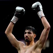 Ibrahim Nadim celebrates after winning his super-bantamweight contest against Taka Bembere in Manchester back in February. Picture: PA.