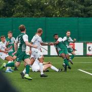 Omar Anjum (second right) scored twice for Steeton last Saturday and will now be playing international football next week. Picture: Mick Ardron.