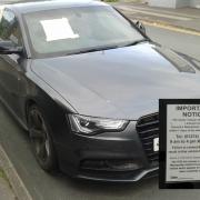 The car reported abandoned in Bar Lane, Riddlesden, and inset, a notice posted on it by Bradford Council