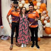 Chinny Singh, right, with Sara Hoxhaj, an ambassador for Alzheimer’s Research UK, and his son Kalvin