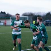Ezio De Santis (centre) thought he was celebrating earning a battling point for Steeton, but St Helens responded with two late goals to win 3-1.