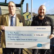 Christopher Todd, left, the cricket league treasurer, and Scott Cameron of Timothy Taylor's with a cheque for Manorlands