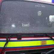 Picture shows damage to Haworth fire engine in Keighley yob attack