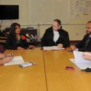 Pictured at the Keighley Fire Station meeting are Area Manager Fire Safety Ian Bitcon, Cllr Kaneez Akthar, Keighley Fire Station manager Mark Helliwell, Cllr Abid Hussain and Inspector Sue Sanderson from Keighley Neighbourhood Policing Team