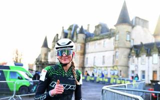 Cat Ferguson gives the thumbs up after winning the junior women's race at the British National Cyclo-Cross Championships at Callender Park in Falkirk.