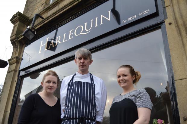 From left, Dominique Marshall, Dean Marren and front-of-house worker Sarah Moorehouse outside Harlequin