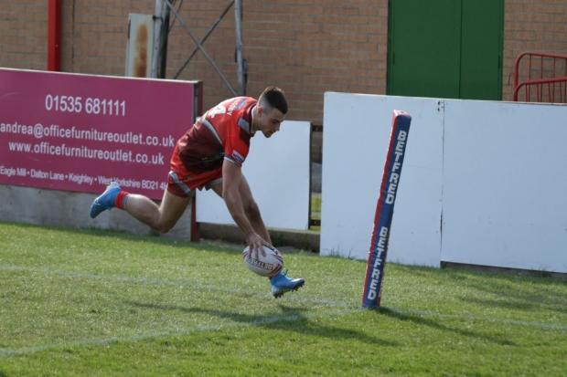 Josh Slingsby scoring a try for Keighley against the Coventry Bears last season. Picture: Jonny Tomes-Green.