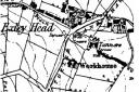 The site of the Exley Head workhouse depicted in an 1852 map, with Wheathead Lane and High Fold to the top left, and the Oakbank School site off to the bottom right