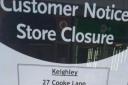 A closure notice in the window of WH Smith, Keighley