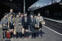 A group of Scouts at Keighley railway station in the 1960s, awaiting a train to Morecambe
