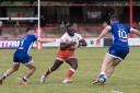 Sadiq Adebiyi in action for Keighley against Swinton, with the Lions also fighting to avoid the drop on the final day.