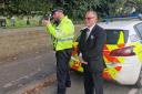 Town mayor Cllr John Kirby with police as they carry out speed checks