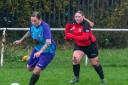 Sophie Woodrup (blue/purple kit) scored Tyersal’s only goal in their County Third game against Lower Hopton Development