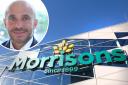 Rami Baitieh, who became chief executive of Morrisons last September, pictured inset.In the backdrop, an image of Morrisons