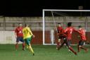 No 9 Wayne Morrison strikes home one of his goals for Silsden at Thackley. Picture: Alex Daniel