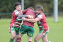Keighley's Rob Wilkinson, left, and Rob Baldwin make a tackle Picture: Charlie Perry