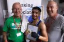 Jamaal Rehman (centre) celebrates his Yorkshire title with his coaches John Daly and Mark Ingham. Pic: Yorkshire Boxing.