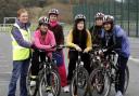 Cycling instructor Judy Connor, left, joins members of the Fit Women Cycling scheme, at Marley, Keighley