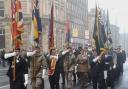 Standard bearers make their way along North Street to Keighley Shared Church