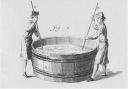 An 18th-century illustration of two men scouring wool with paddles
