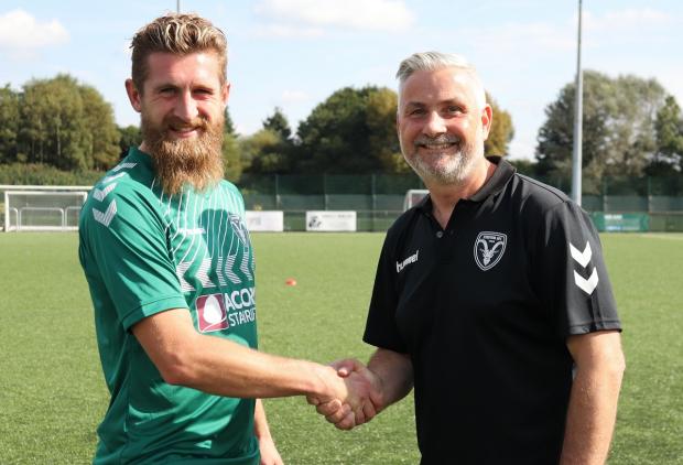 Keighley News: Steeton manager Roy Mason, right, pictured with midfielder Tom Robinson, is already looking ahead to next season. Picture: Chris Jones 