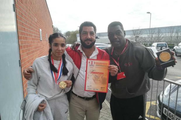 Young Keighley boxer Sabaa Hussain with her father Arif Hussain and trainer Leroy 