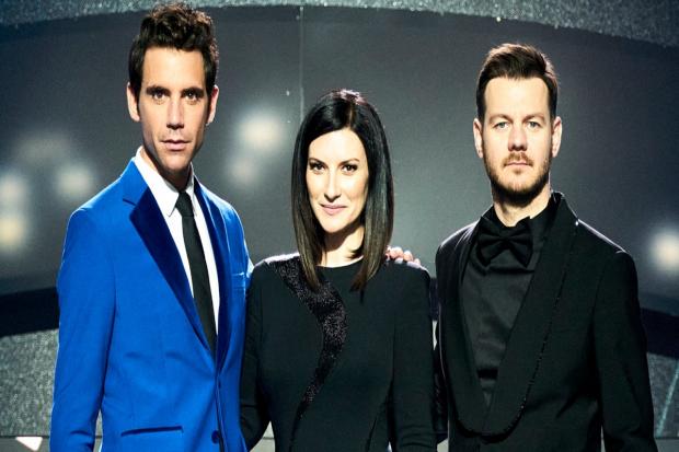 (left to right) Mika, Laura Pausini, Alessandro Cattelan to present the Eurovision Song Contest 2022 (PA)