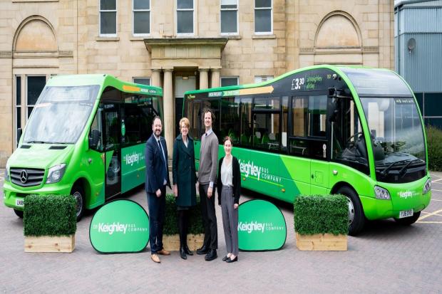 Launching the improved bus routes in Keighley: from left, Alex Hornby; Cllr Susan Hinchcliffe, chair of the West Yorkshire Transport Committee; Cllr Alex Ross-Shaw, Bradford Council regeneration, planning and transport portfolio holder; and Louise