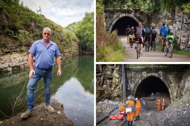 From left, clockwise: Landowner David Sunderland, a visualisation of cyclists riding towards the tunnel and workers at the structure