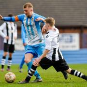Former Eccleshill United and Albion Sports defender Sam Bradley (left) has had a tough time with injury of late, so his goal for Silsden on Saturday was most welcome. Picture: Andy Garbutt.