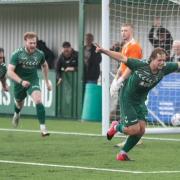Kayle Price (right) sent everyone associated with Steeton into raptures on Saturday, when his late winner ensured their survival. Picture: John Chapman.