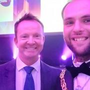 Town mayor Councillor Luke Maunsell with the awards host Paul Hudson