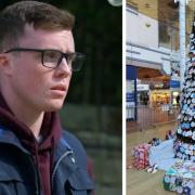 Bradley Johnson (photo: ITV), and last year's Christmas tree - adorned with baubles - in the Airedale Shopping Centre