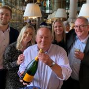 Celebrating the Primeur management buyout – from left – Edward, Rebecca and James Keighley; Jenny Douthwaite and Ian Brazier