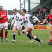 Ellie Kildunne (second right) in international action for England, with her lightning speed on display. Picture: PA.