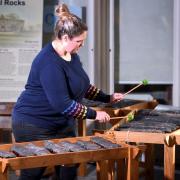 Percussionist Polly McMillan plays the musical stones