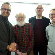 Visiting judge Martin Bishop, second from right, with – from left – Jayaraj Nambiar, John Merrett and Shaun Nixon