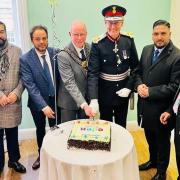 Lord Mayor of Bradford Councillor Martin Love and Lord-Lieutenant of West Yorkshire Ed Anderson cut a celebratory cake