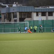 Steeton (green) concede to Runcorn in their last home game at Marley in the league in mid-December.