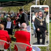 Haworth Band plays at the event, and inset, town mayor Cllr John Kirby at the opening