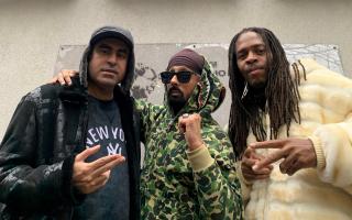 Saby Khan, left, with DJ Silverfinger Singh, centre, and rapper Nuttso